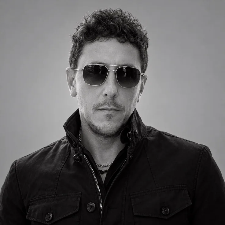 Black-and-white portrait of Michael Welter wearing sunglasses and a dark jacket
